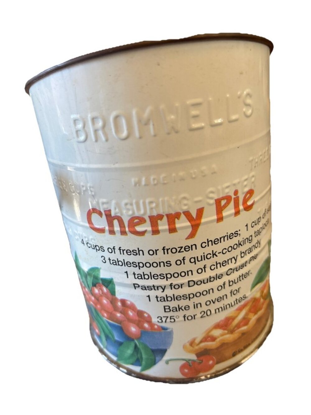 Bromwell's Cherry Pie Flour Sifter Tin Metal Litho w/ Handle USA Vintage 1995